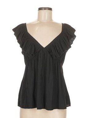 Lavender Brown Ruffle V Neck Blouse, Size Medium